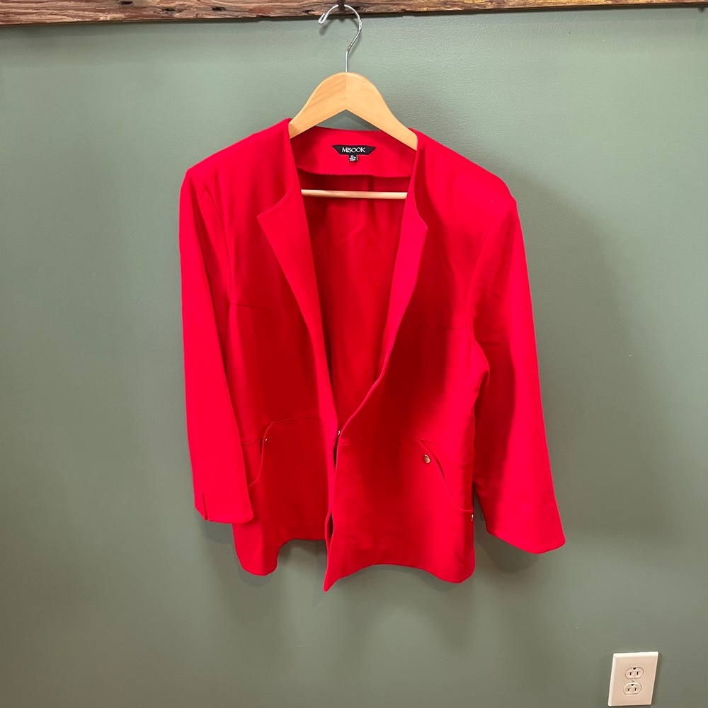 Misook XL Red Knit Collarless Blazer Hook Eye Closure Pockets Professional